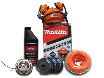 Image showing a range of our accessories, diamond edge trimmer cord, makita safety helmet, oil and alloy trimmer head