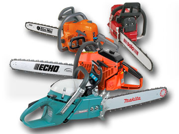 Image showing our range of chainsaws, Makita chainsaw, Echo chainsaw, Oleo-Mac chainsaw and Solo Chainsaw