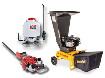 Image showing some of our other products, Greenfield Piecemaker mulcher, Solo sprayer, Shindaiwa hedge trimmer